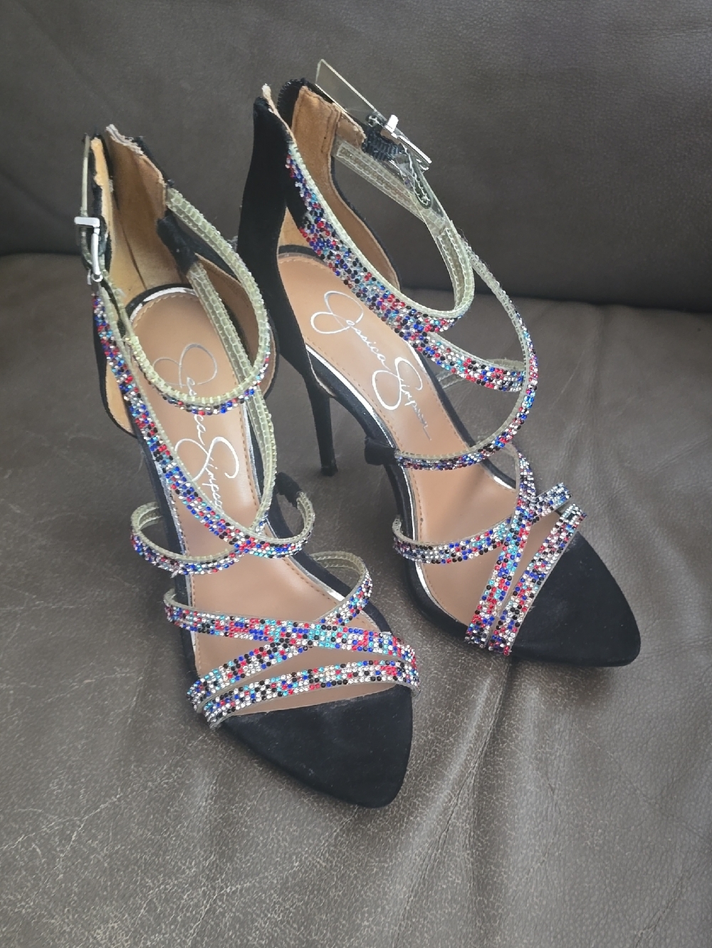 Jessica Simpson Black Strappy Stiletto Heels with Multicolor Crystals